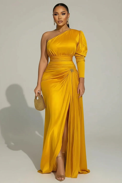 Sexy Formal One Shoulder Evening Dress for Women's Plus Size Split Hem Solid Satin Cocktail Wedding Guest Party Maxi Dress