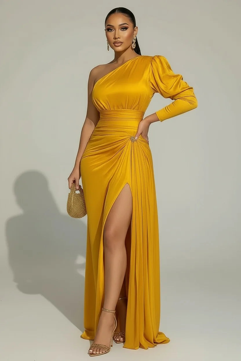 Sexy Formal One Shoulder Evening Dress for Women's Plus Size Split Hem Solid Satin Cocktail Wedding Guest Party Maxi Dress