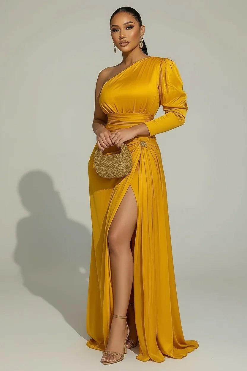 Sexy Formal One Shoulder Evening Dress for Women's Plus Size Split Hem Solid Satin Cocktail Wedding Guest Party Maxi Dress